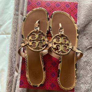 Tory Burch metal Miller stamped snake printed sandals never worn